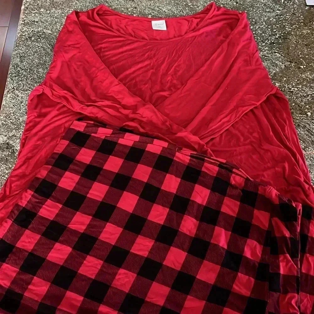 EUC Soma Pajama Set Buffalo Plaid w Solid Red Long Sleeve Top Soft Cozy Size XXL